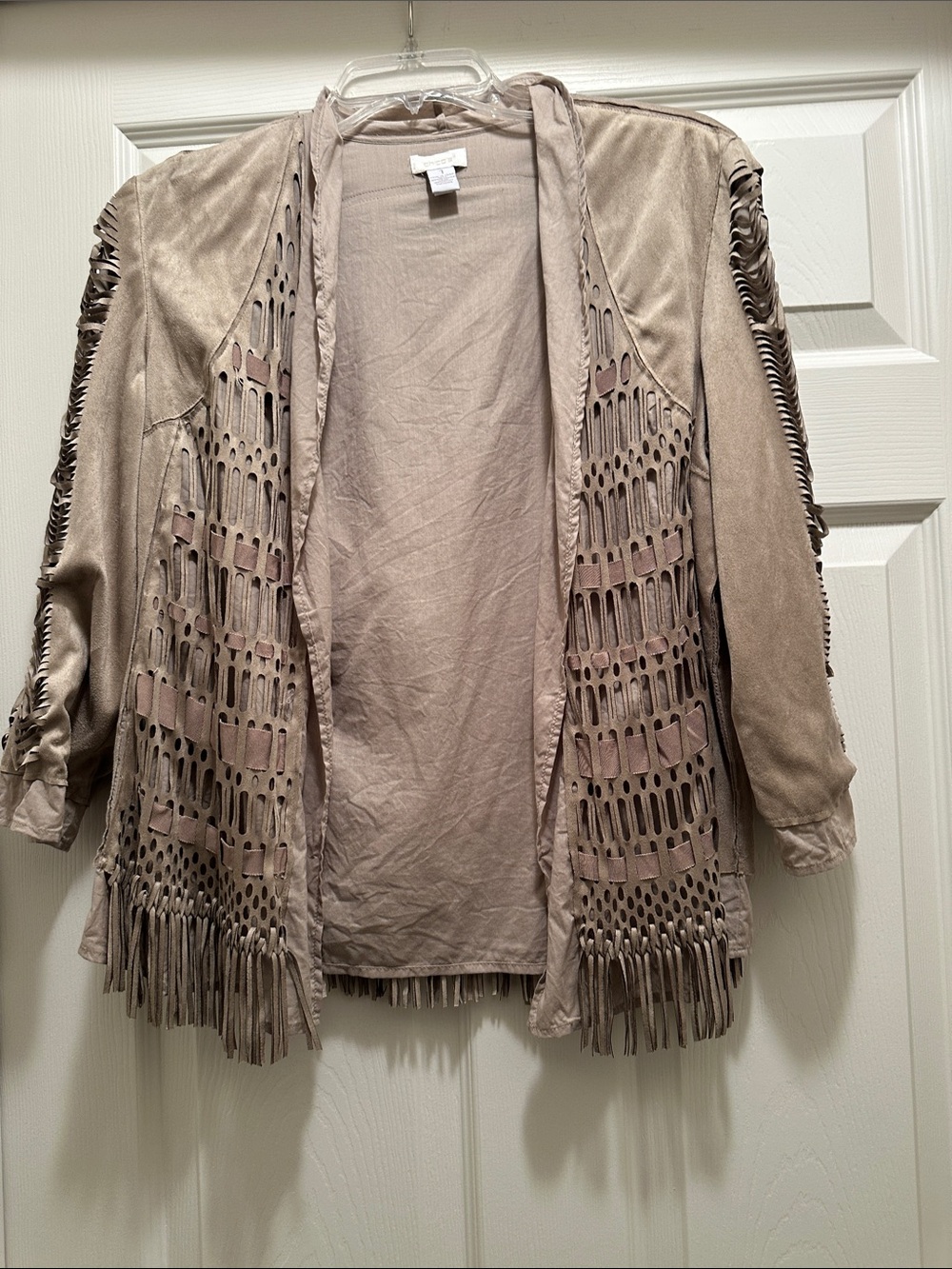 Chico's Taupe Open-Front Fringe Cutout Shrug
